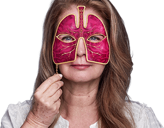 Woman with long hair and a pink mask
